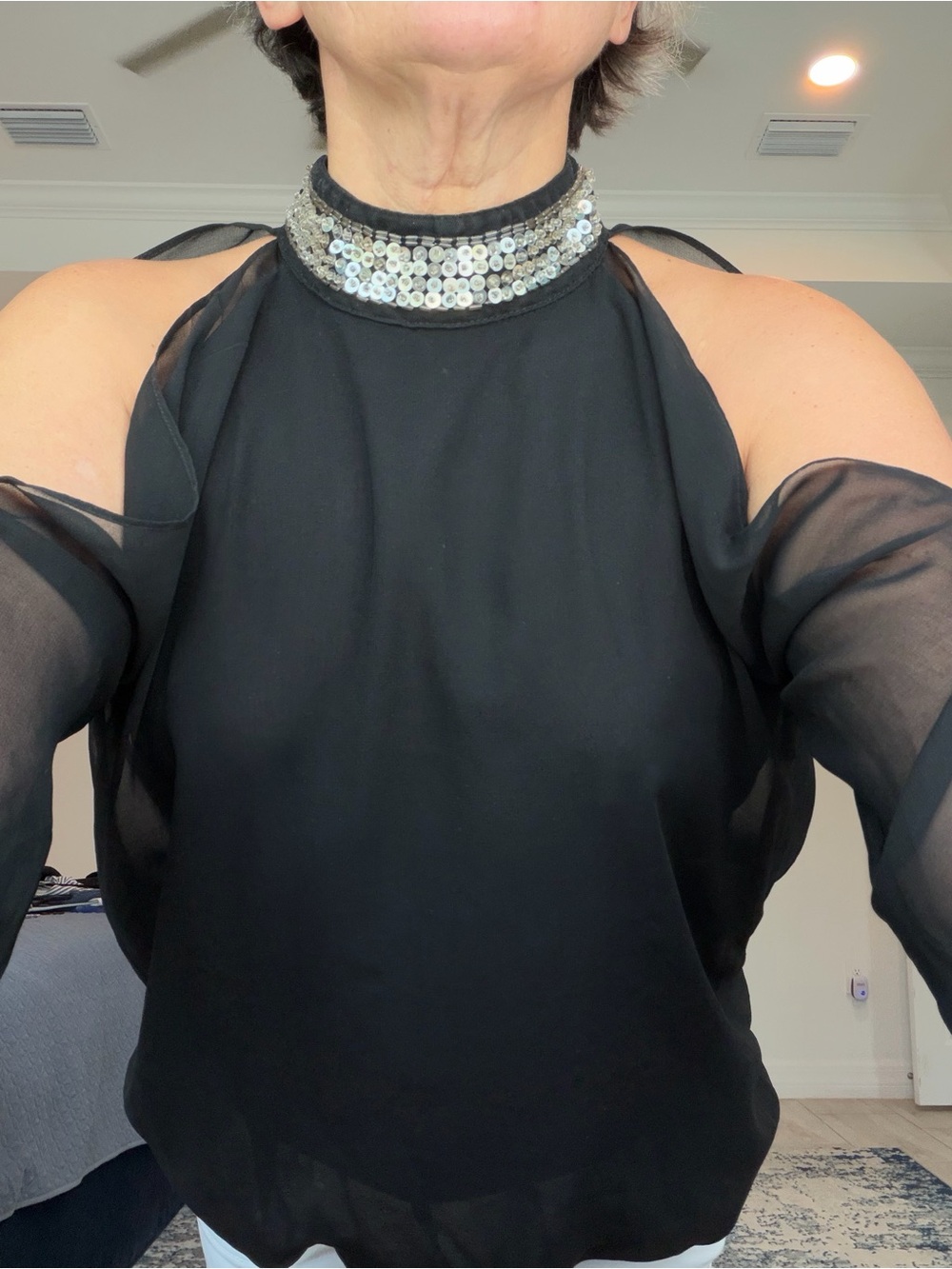 Frederick's of Hollywood Black Sheer Cold-Shoulder Halter Top with Sequin Collar